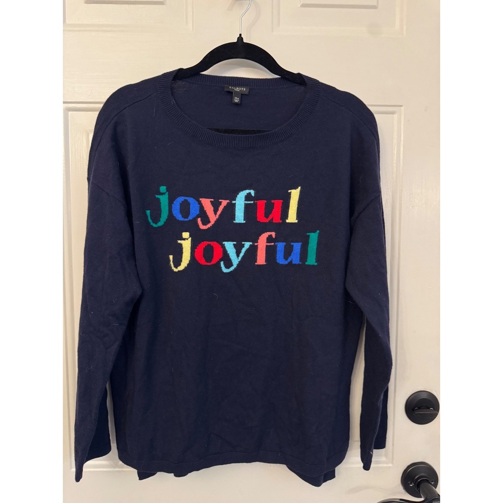 Talbots Petites XL Navy Blue Joyful Joyful Lambswool Blend Graphic Sweater